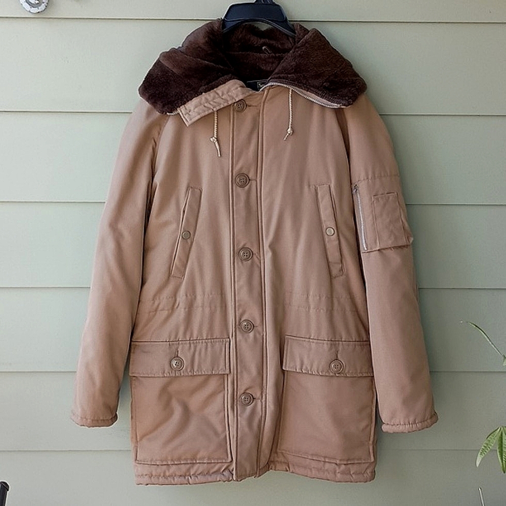 Vintage 70's Sears Work'n Leisure Mens Tan Hooded Lined Jacket Utility Pockets M